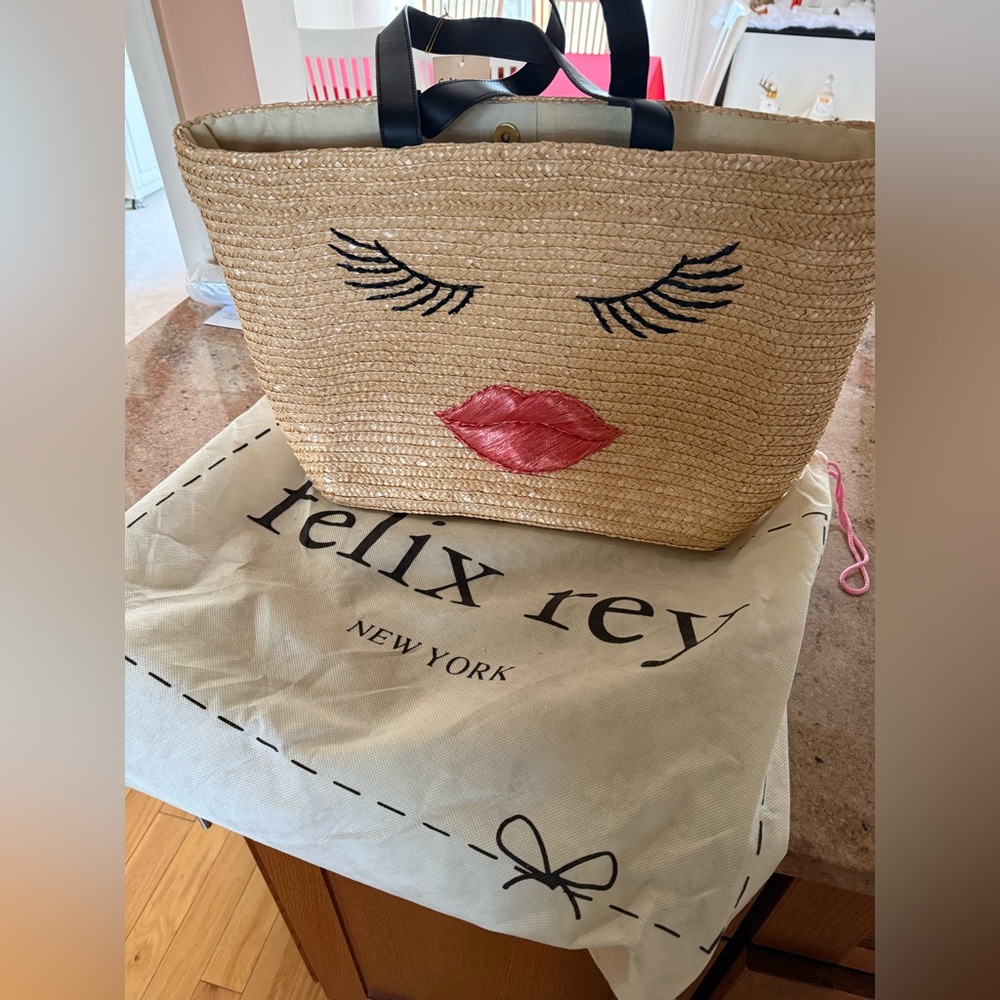 NWT Felix Rey Straw Tote with Pink Lip and Black Eyelash Motif